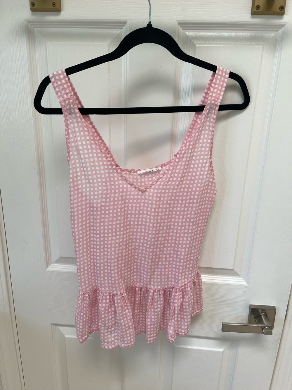Mango Casual Pink Gingham Peplum Tank Top Adjustable Straps Size S